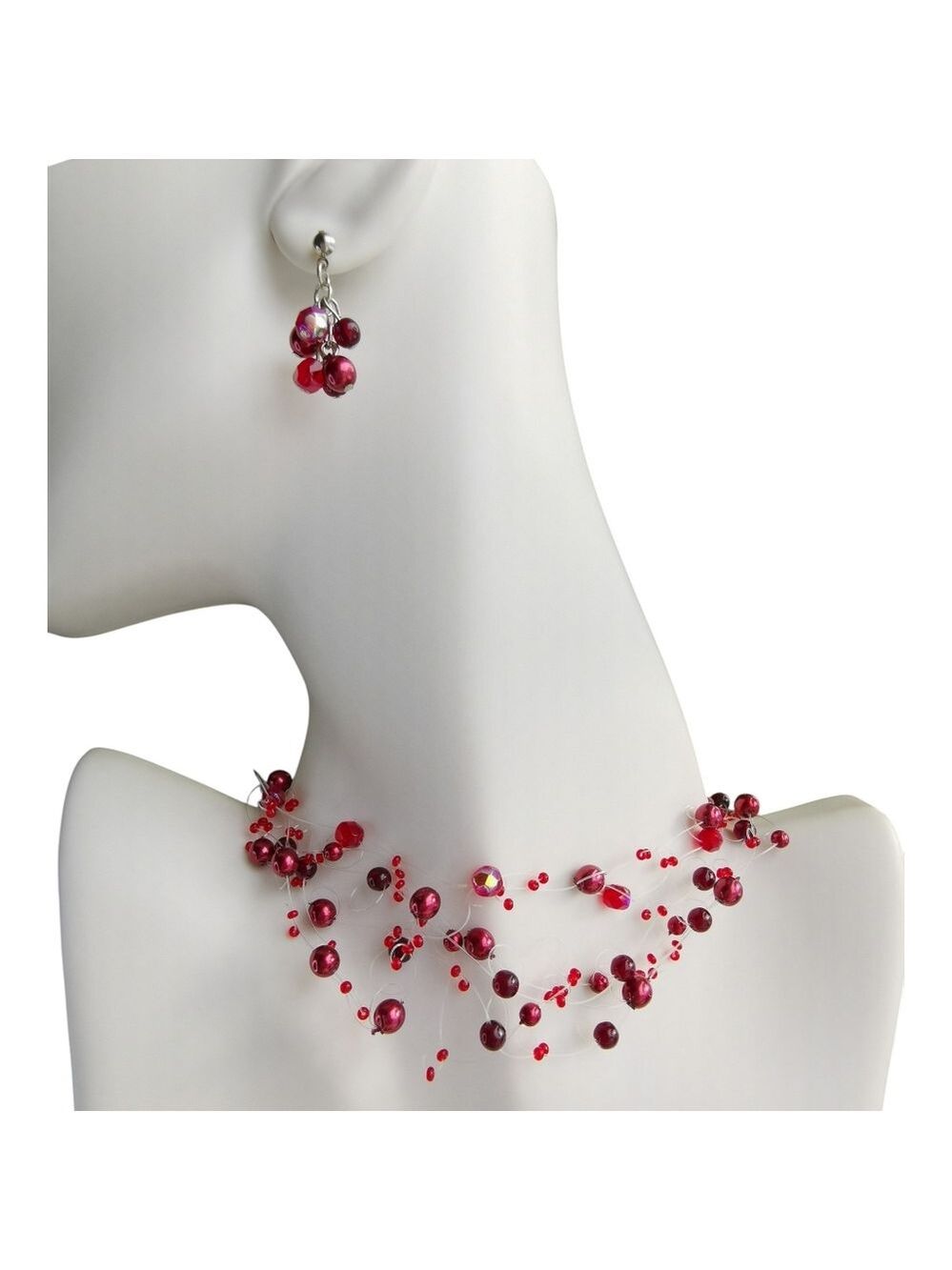 Red Pearl Crystal Illusion Choker Necklace and Earrings Set 🆕